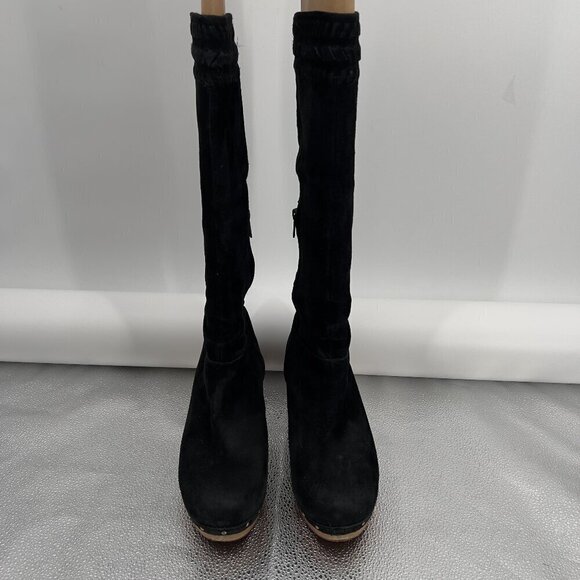 UGG Australia Rosabella Platform Black Suede Tall Wooden Heel Boots 9 - Picture 2 of 11